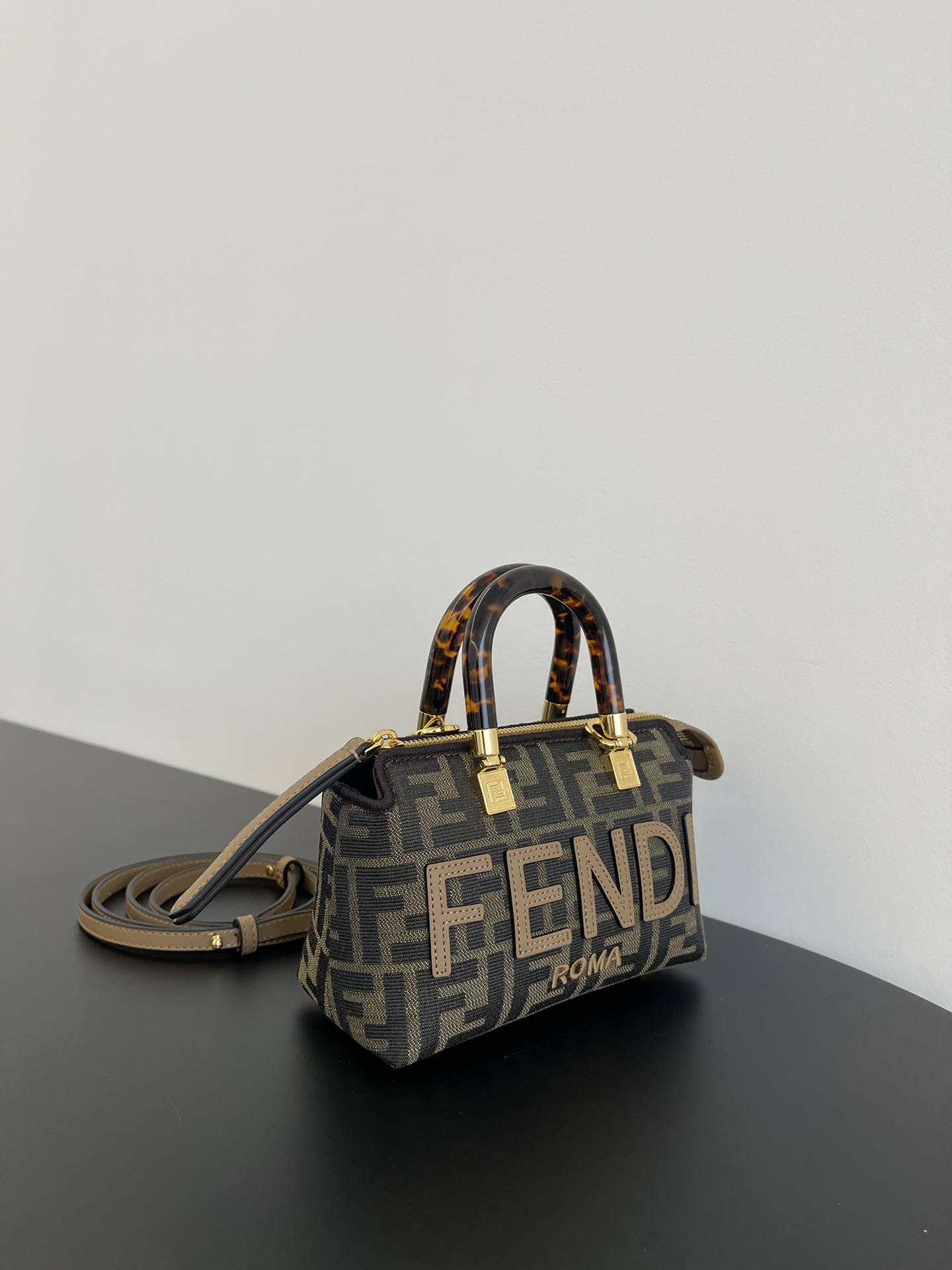 Fendi Mini By The Way FF Fabric Boston Shoulder Bag Brown